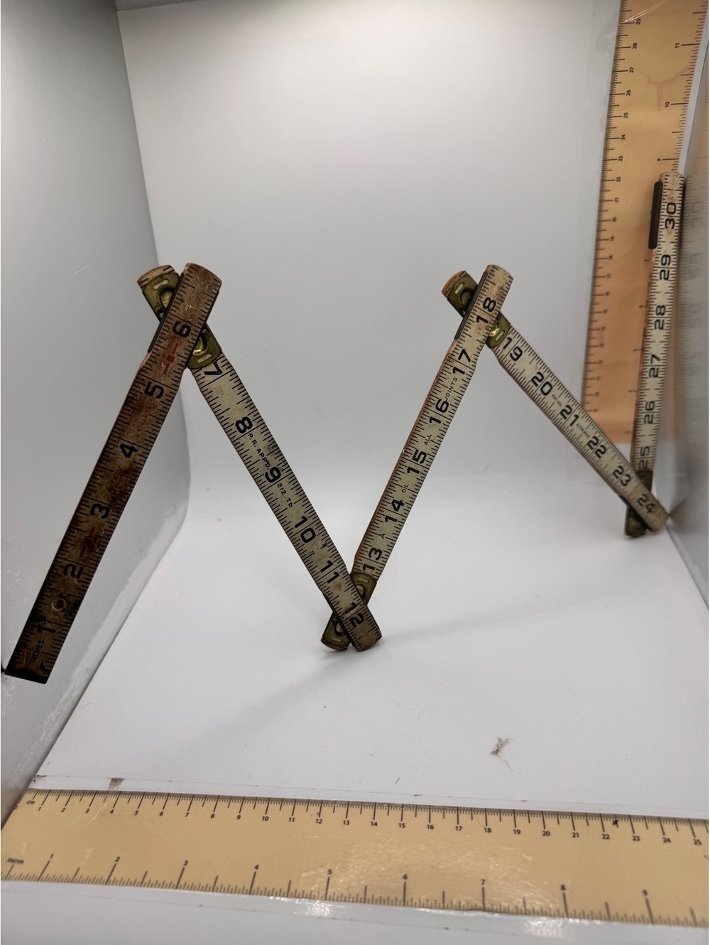 Vintage Wooden Folding Ruler Measuring Tape with Metal Hinges 30"